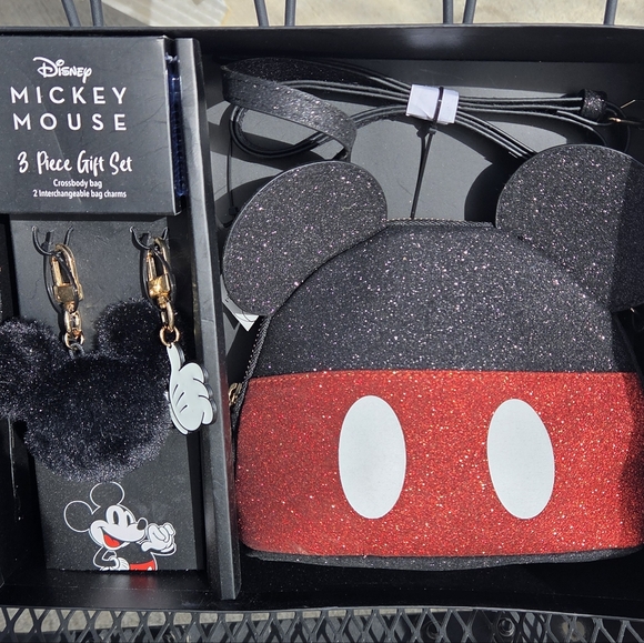 Disney Handbags - Disney Mickey Mouse Black and Red Glitter Ear Crossbody Bag with Charms 3 Piece